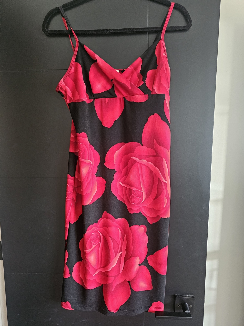Smart Set Black Slip Dress with Bright Pink Rose Print
